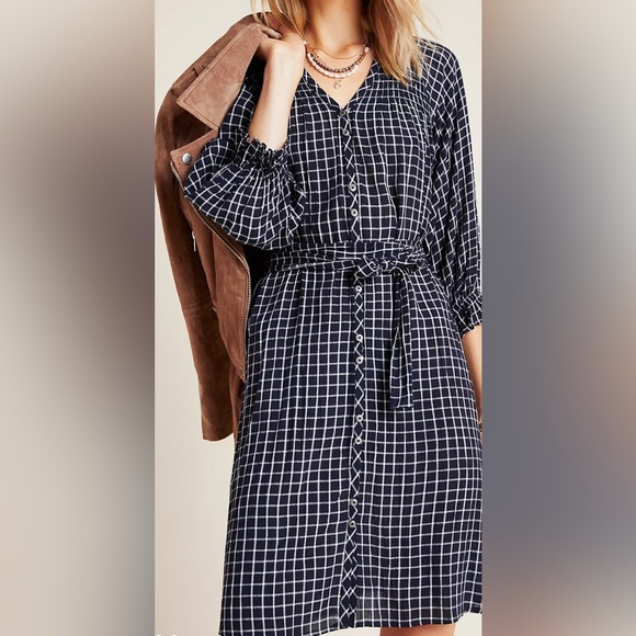 NWT Anthropologie Maeve Navy and White Sara Smocked Shirtdress - Picture 3 of 8